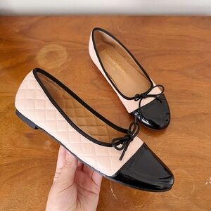 FRENCH SOLE London Amelie flats blush pink quilted black patent cap toe bow 40EU
